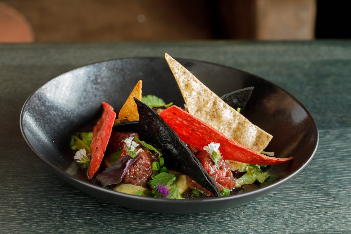 Beef tartar with ponzu sauce, ginger Mayonnaise, cilantro, green onion and crispy tortillas<br>220 g.