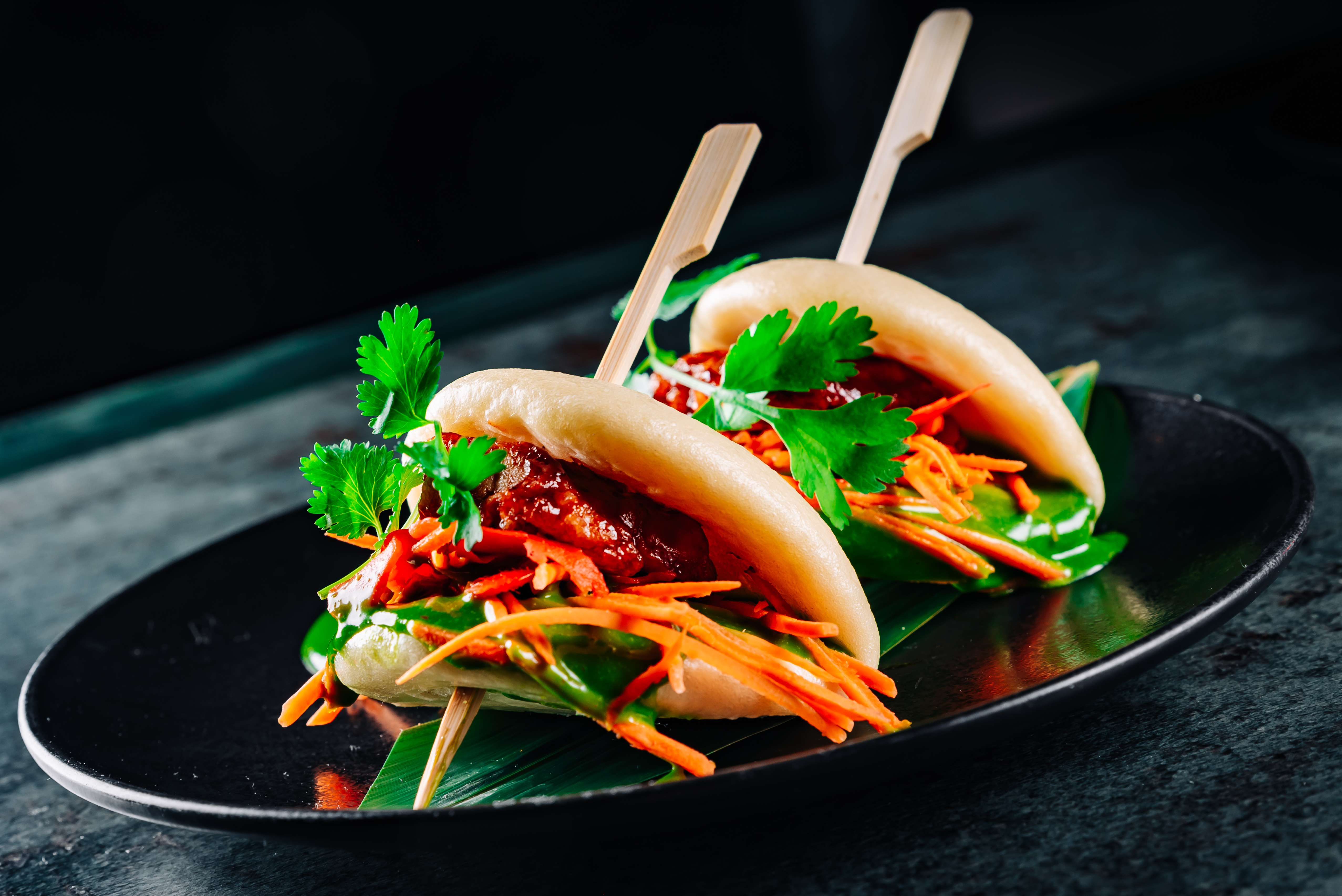 With chicken in hoisin sauce, pickled ginger, fresh carrot and ginger mayonnaise