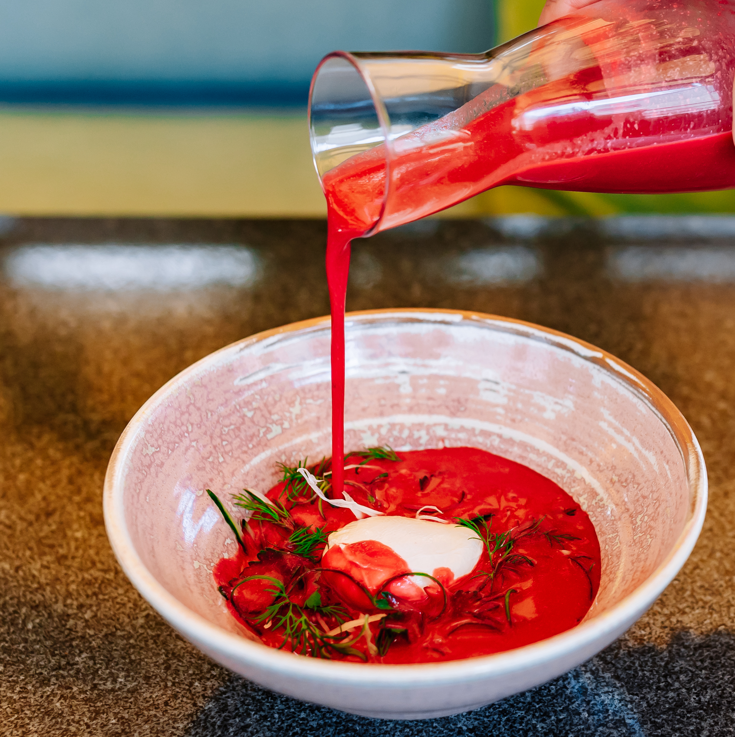 Cold beet soup with lemongrass, fresh vegetables, poached egg and sour cream <span color-type="color" style="color: #ff0000;">new</span><br>410 g.