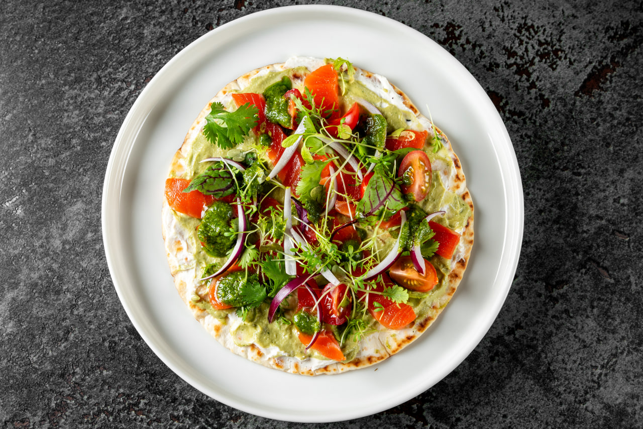 Roti with salmon, avocado and labneh cheese<br>